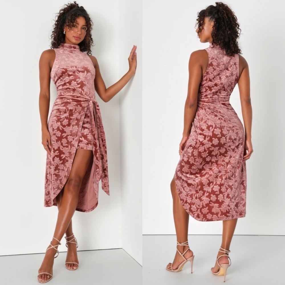 Lulus Dreamy Energy Mauve Velvet Floral Tie-Front Mock Neck Midi Dress XS Party
